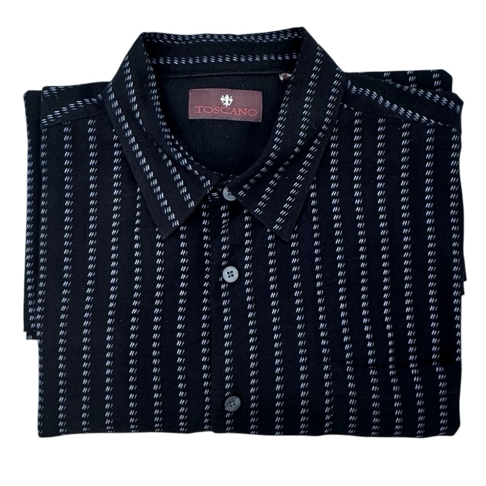 TOSCANO BLACK W WHITE DESIGN SILK BLEND SHORT SLEEVE BUTTON DOWN CAMP SHIRT